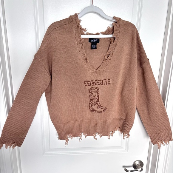 Just Polly Cowgirl Western Frayed Sweater Large - Picture 2 of 9